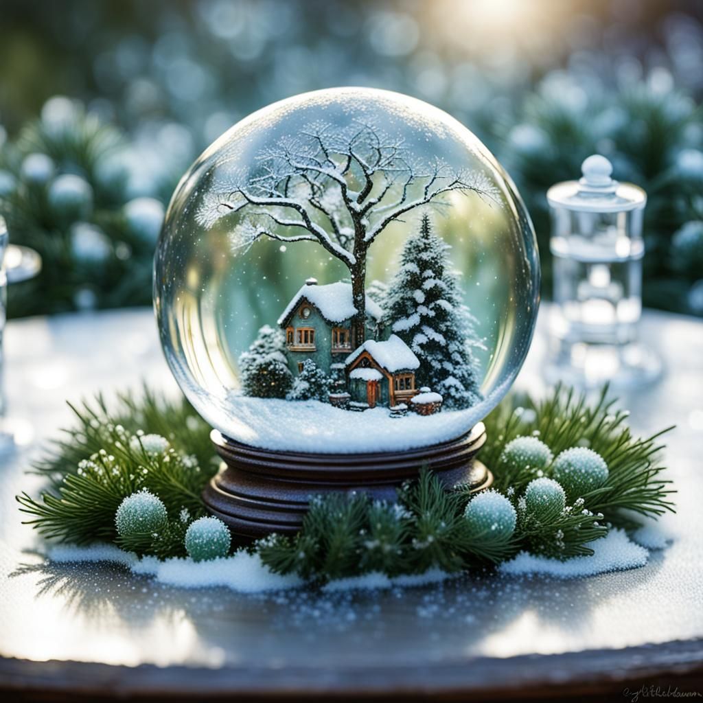 Crystal Ball Reflecting Winter Garden, Painterly Style