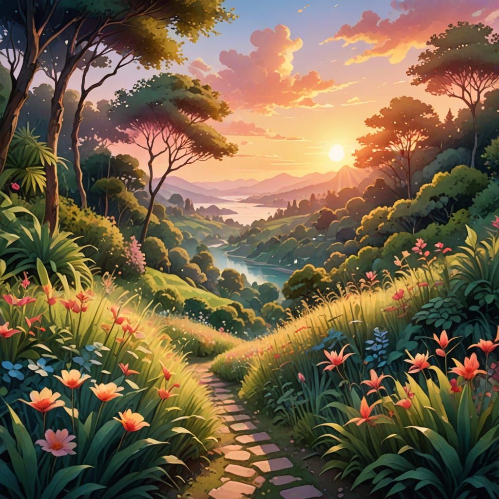 Dreamy Watercolor Sunset in Whimsical Digital Art Style