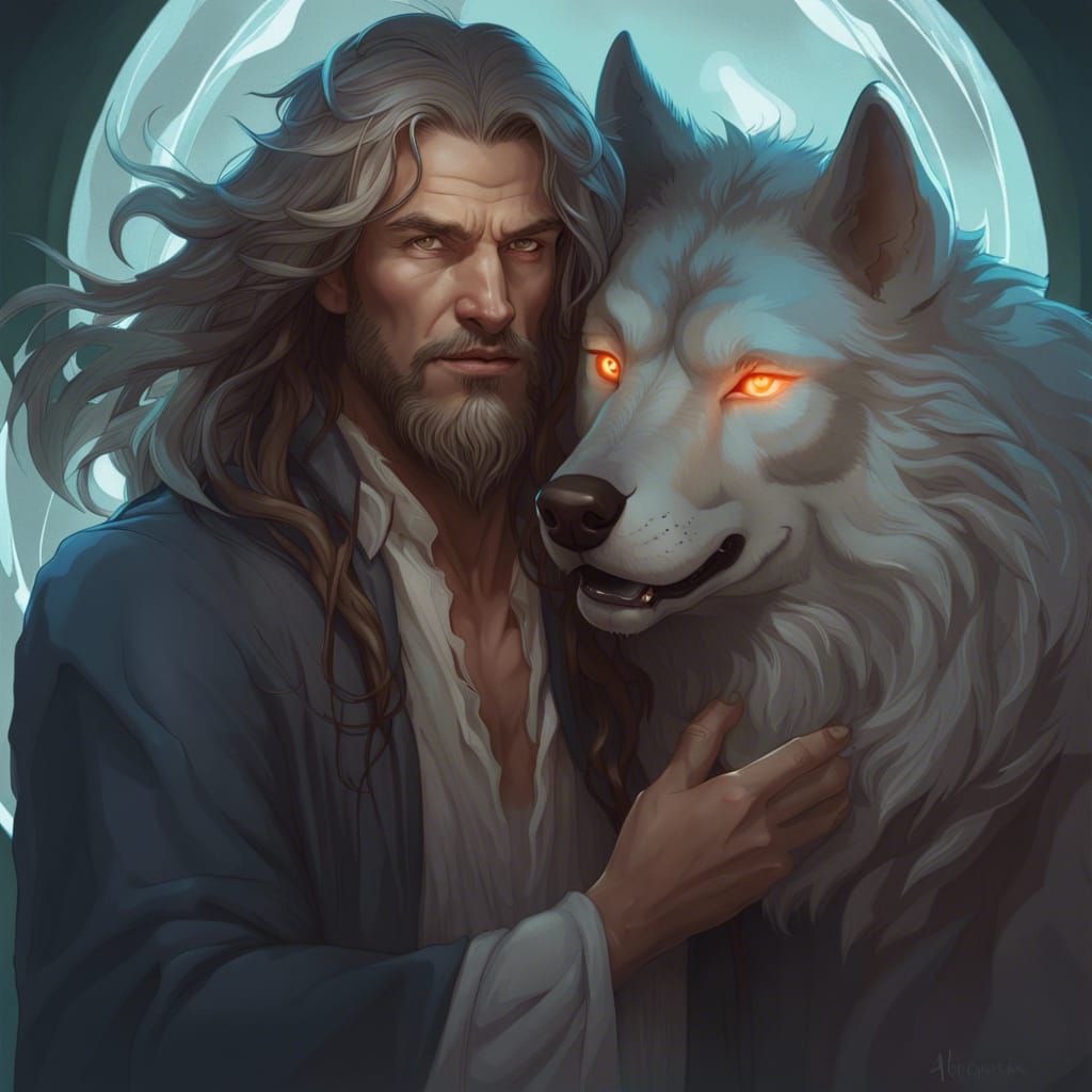 A tall man petting a wolf