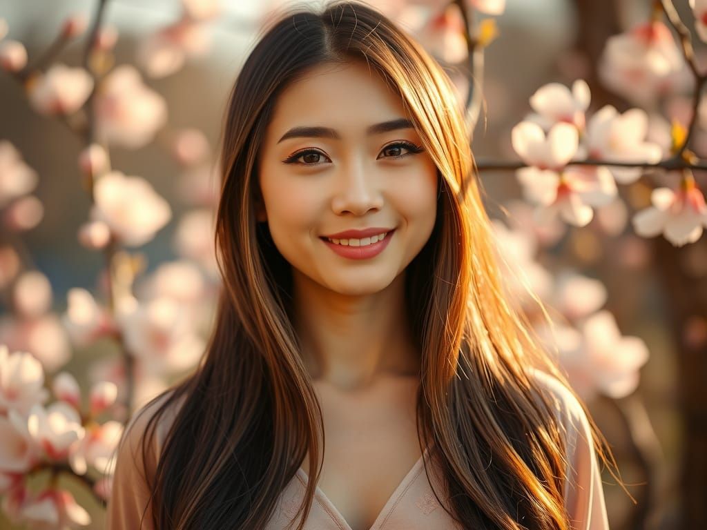 East Asian Woman Portrait in Spring with Bokeh