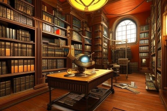 Victorian Steampunk Library with Copper and Gears