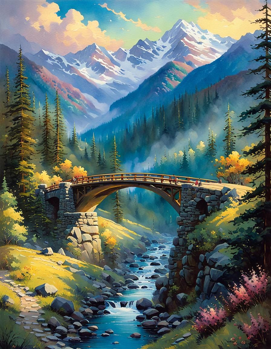 Valley Bridge in Warm-Toned Watercolor Style