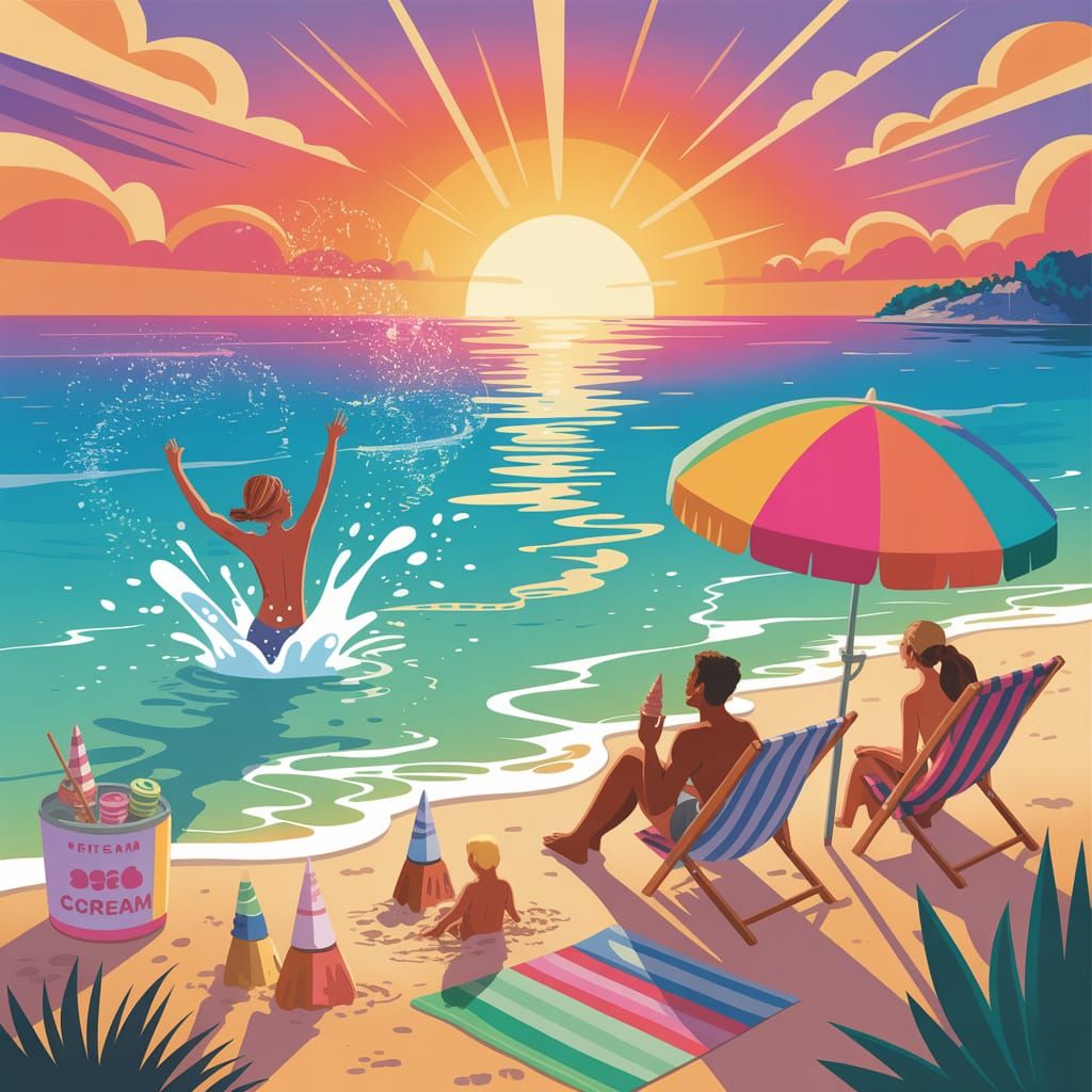 Vibrant Sunset Beach Scene Splash Art Illustration