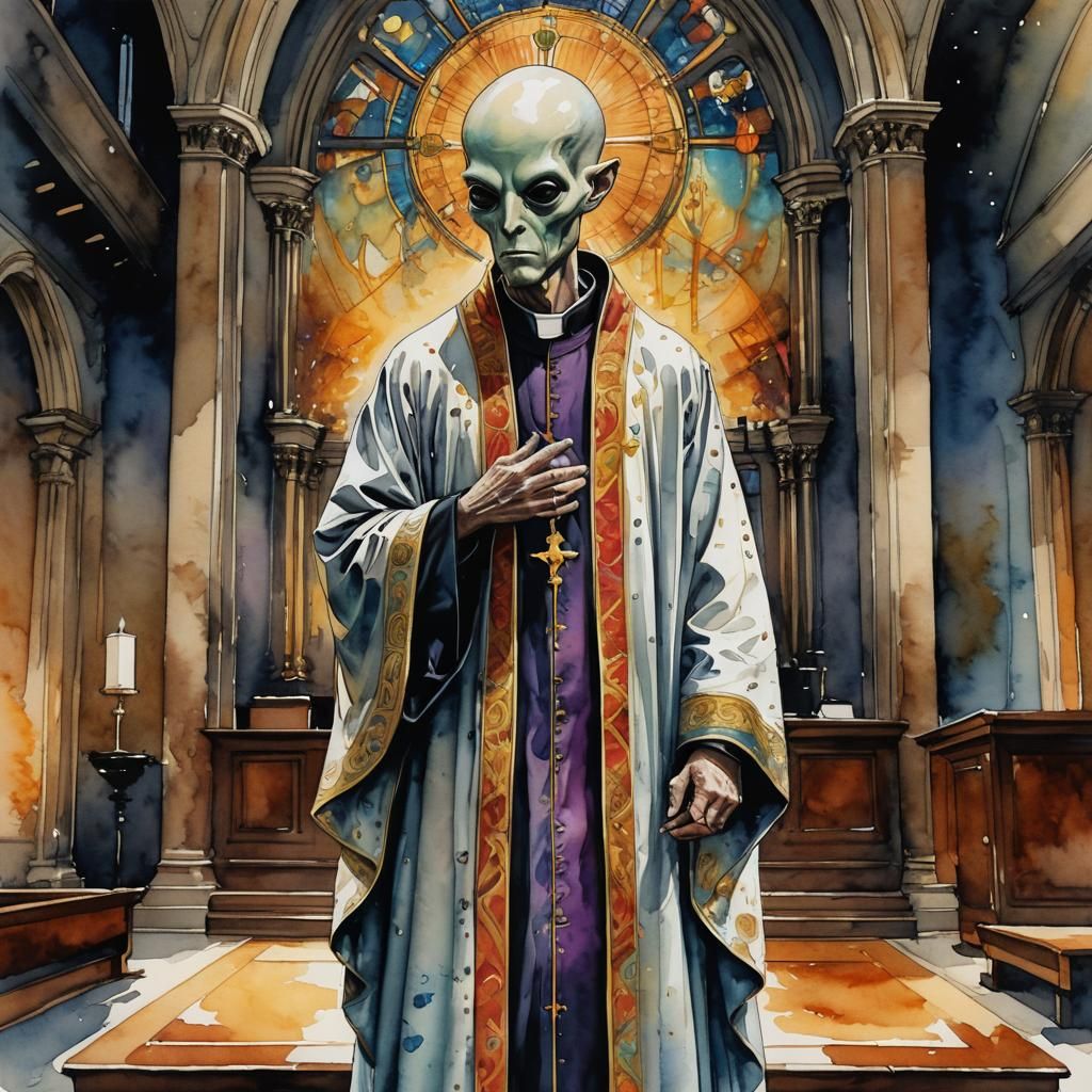 Alien Priest in Modern Church Watercolor Painting