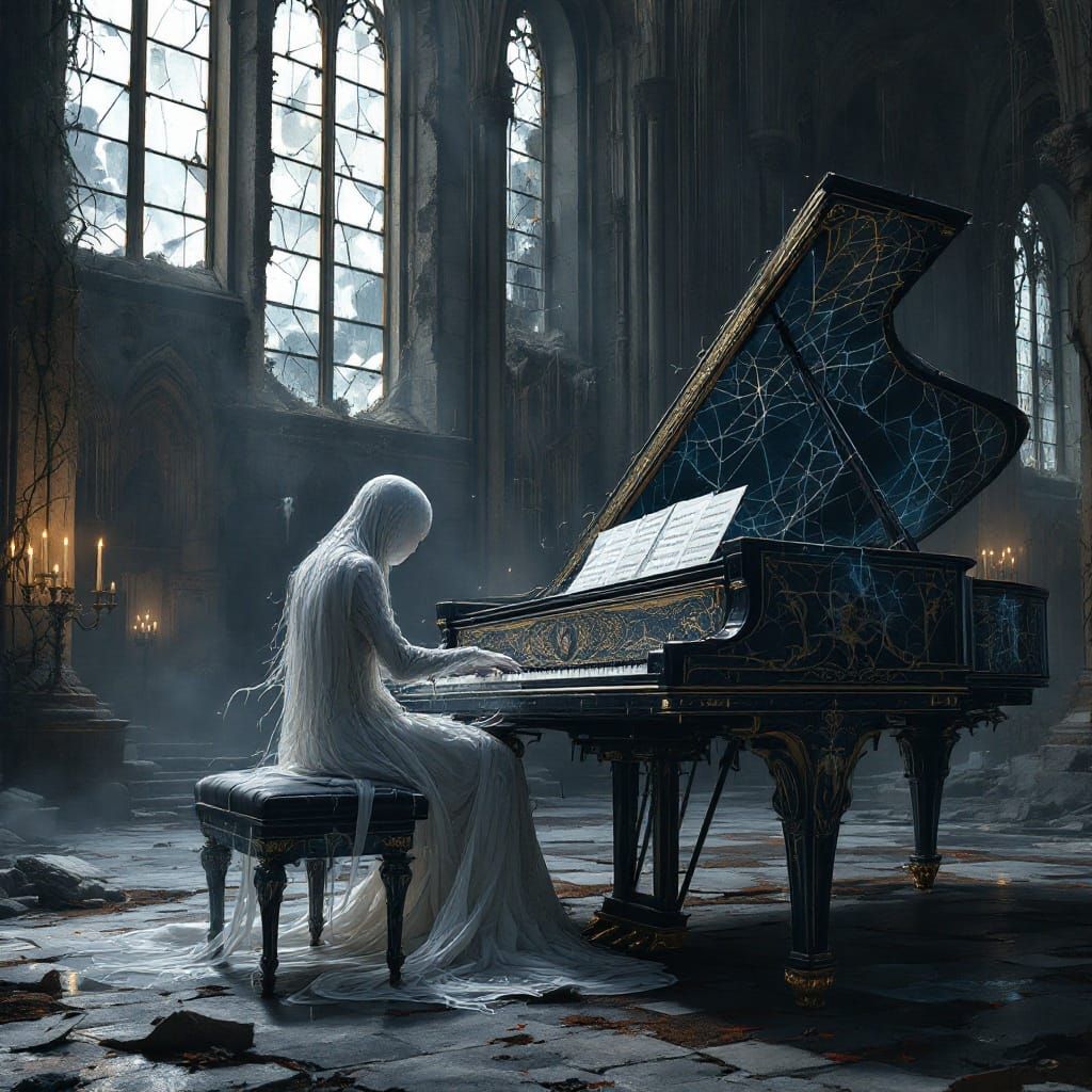 Surreal Figure Plays Gothic Piano in Ruined Cathedral