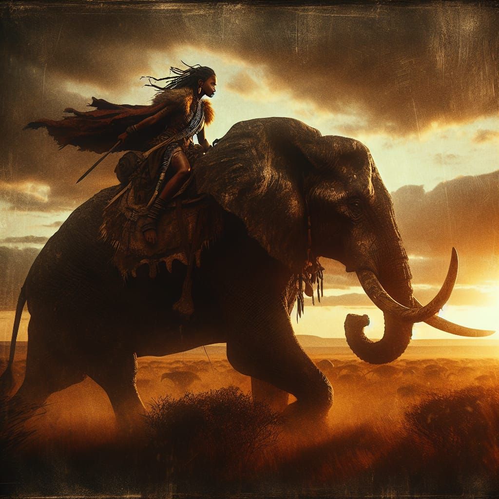 African Warrior on Battle Elephant in Savannah