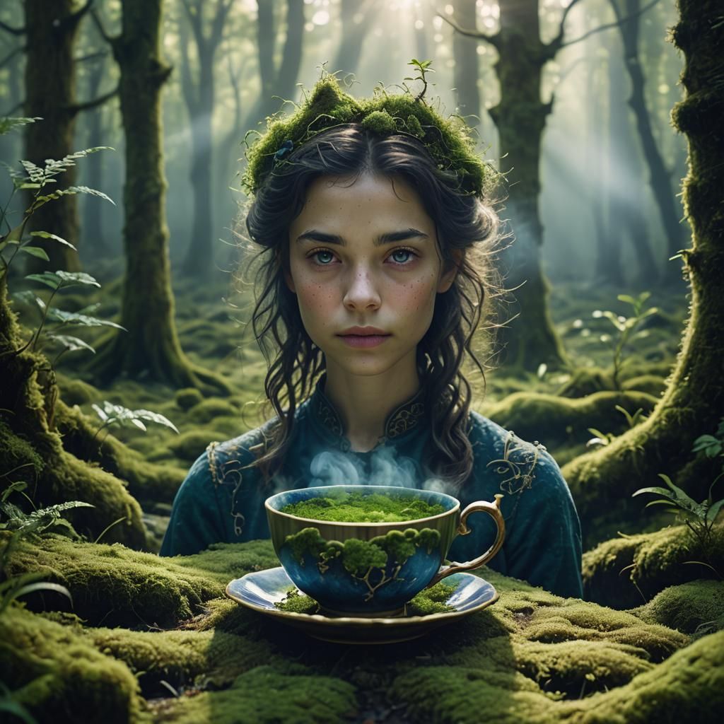 Glowing Moss Teacup in Mystical Forest Glade