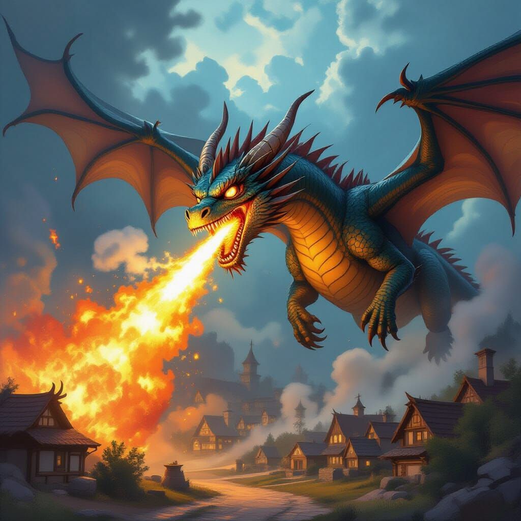 Dragon Sneezes Fireball Near Village, Fantasy Art