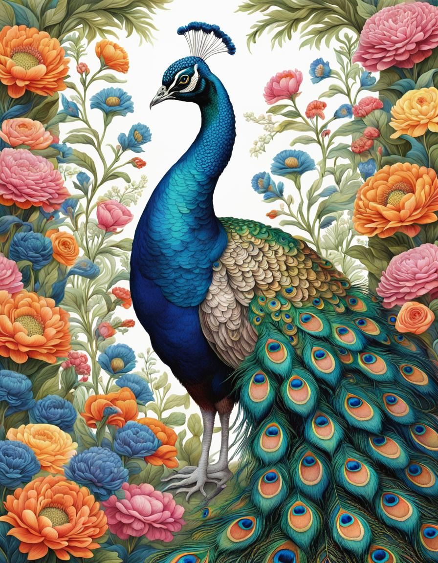 Majestic Peacock in a Colorful Flower Garden