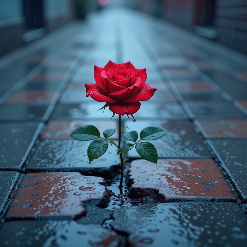 Glowing Rose Blooms on Rainy Sidewalk