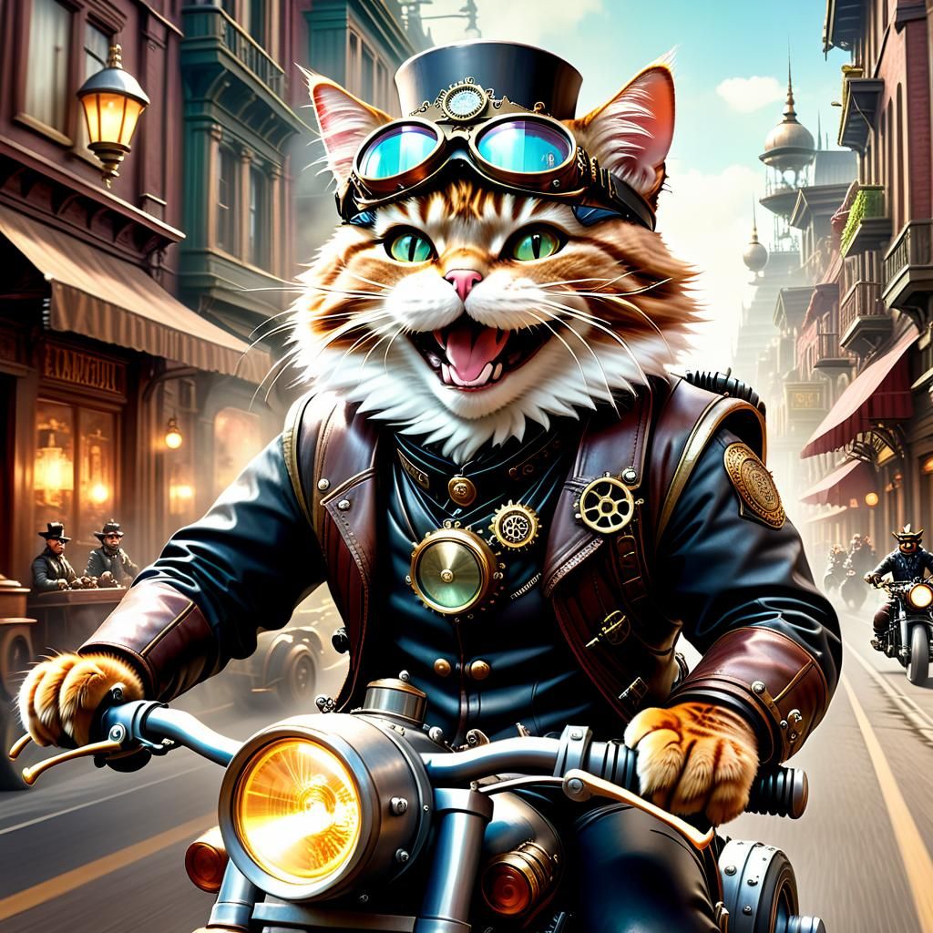 Steampunk Cat Humanoid Rides Motorcycle Through City