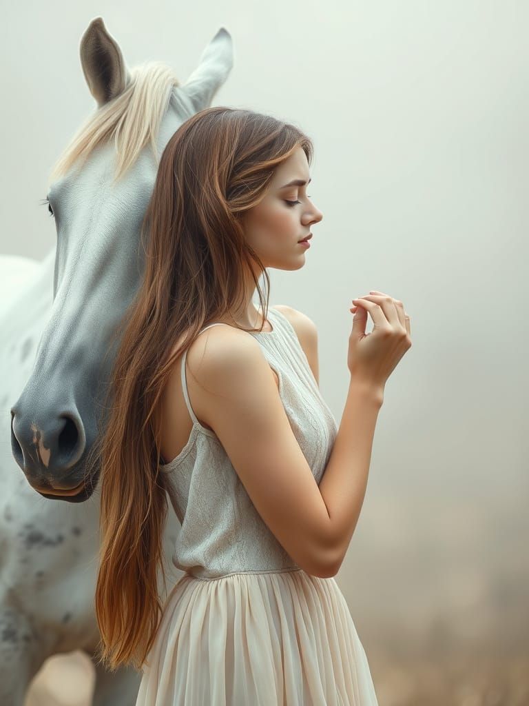Ethereal Chalk Painting of Woman and White Horse