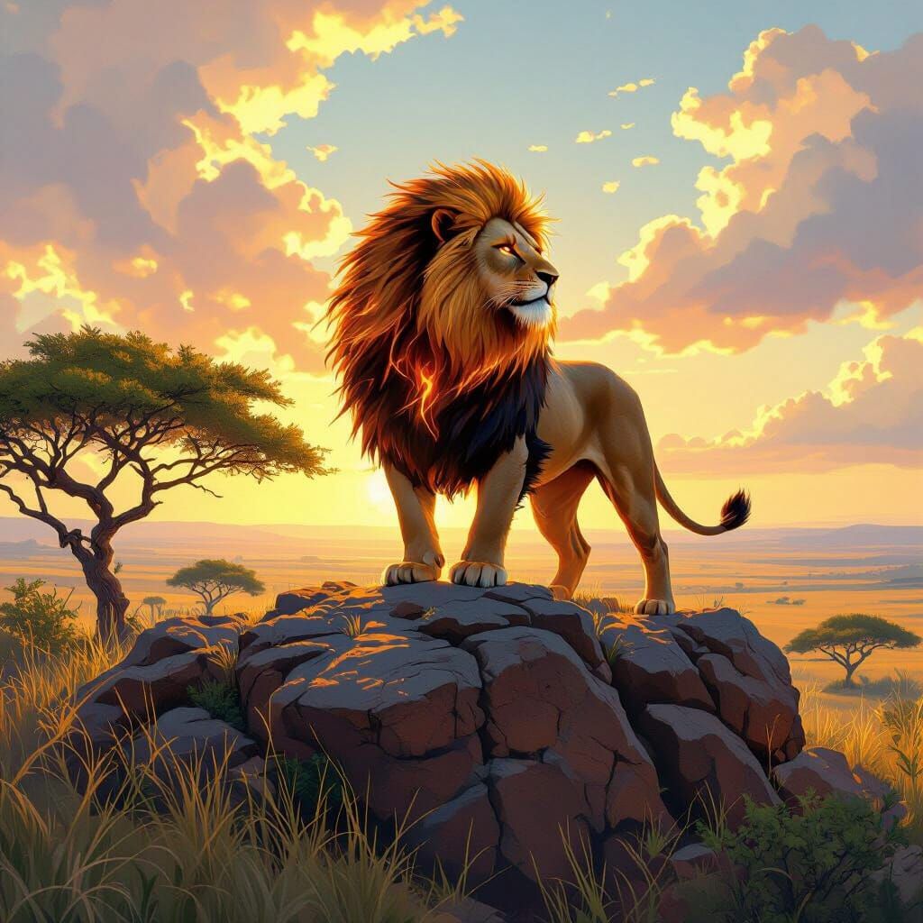 Lion with Mane of Fire Overlooking Savanna