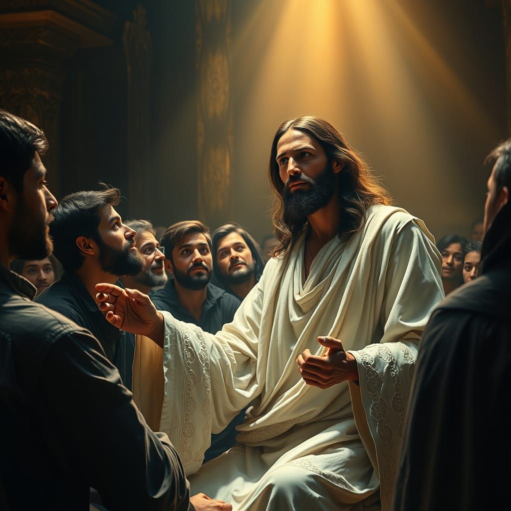 Jesus Appears to Astonished Disciples in a Dimly Lit Room