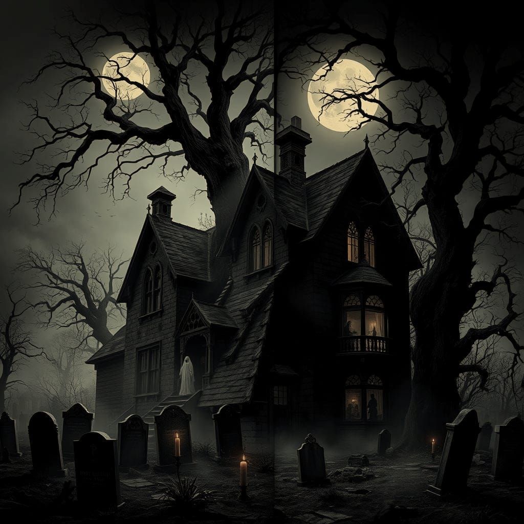 Burning Haunted Mansion with Ghostly Apparitions