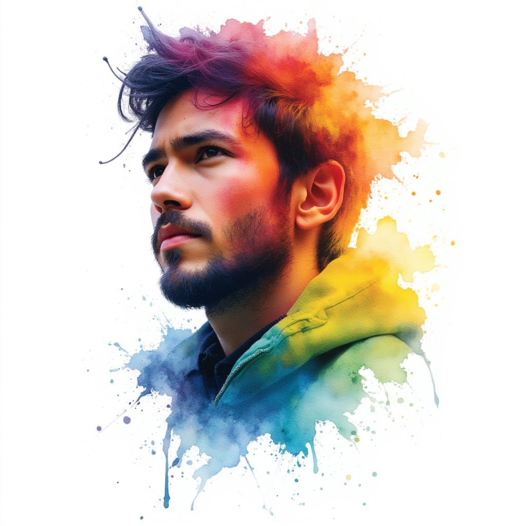 Handsome Man in Expressive Watercolor Swirls