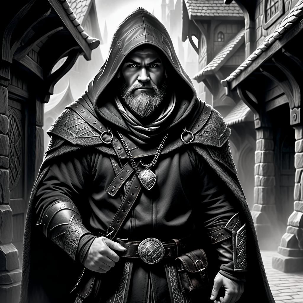 Dwarven Thief in Hooded Cloak: Pencil Sketch