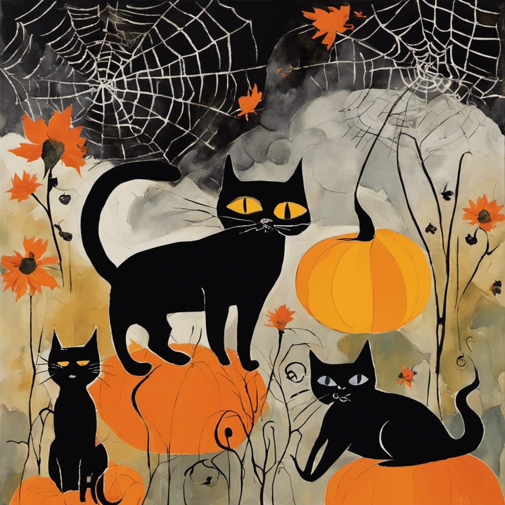 Cats by Rosina Wachtmeister Halloween landscape, Black cats and black bats And spider's webs and skeletons in an autumn...