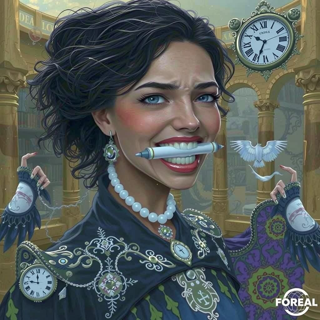 Distressed Woman Struggles to Speak with White Marker Glued...