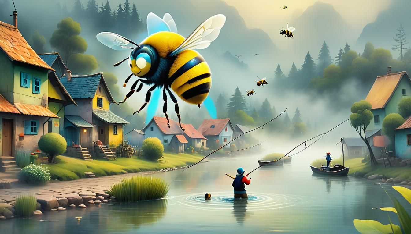 Giant Bee Catches a Fisherman: Pixar-Style 3D Scene