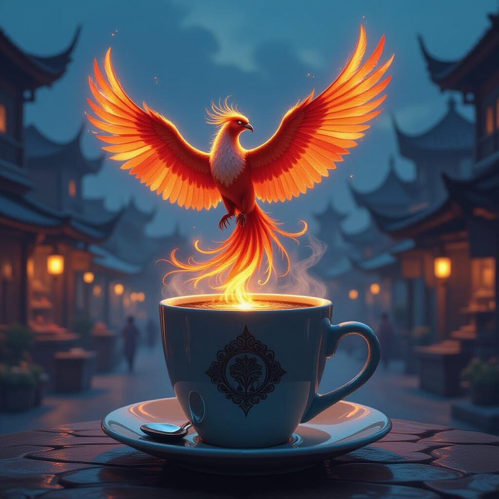 Majestic Phoenix on Coffee Cup in Fantasy Art Style
