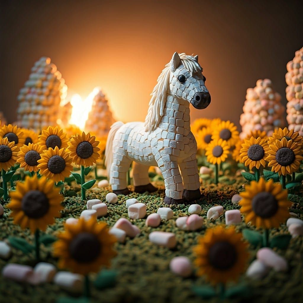 Marshmallow Horse in Marshmallow Sunflower Field