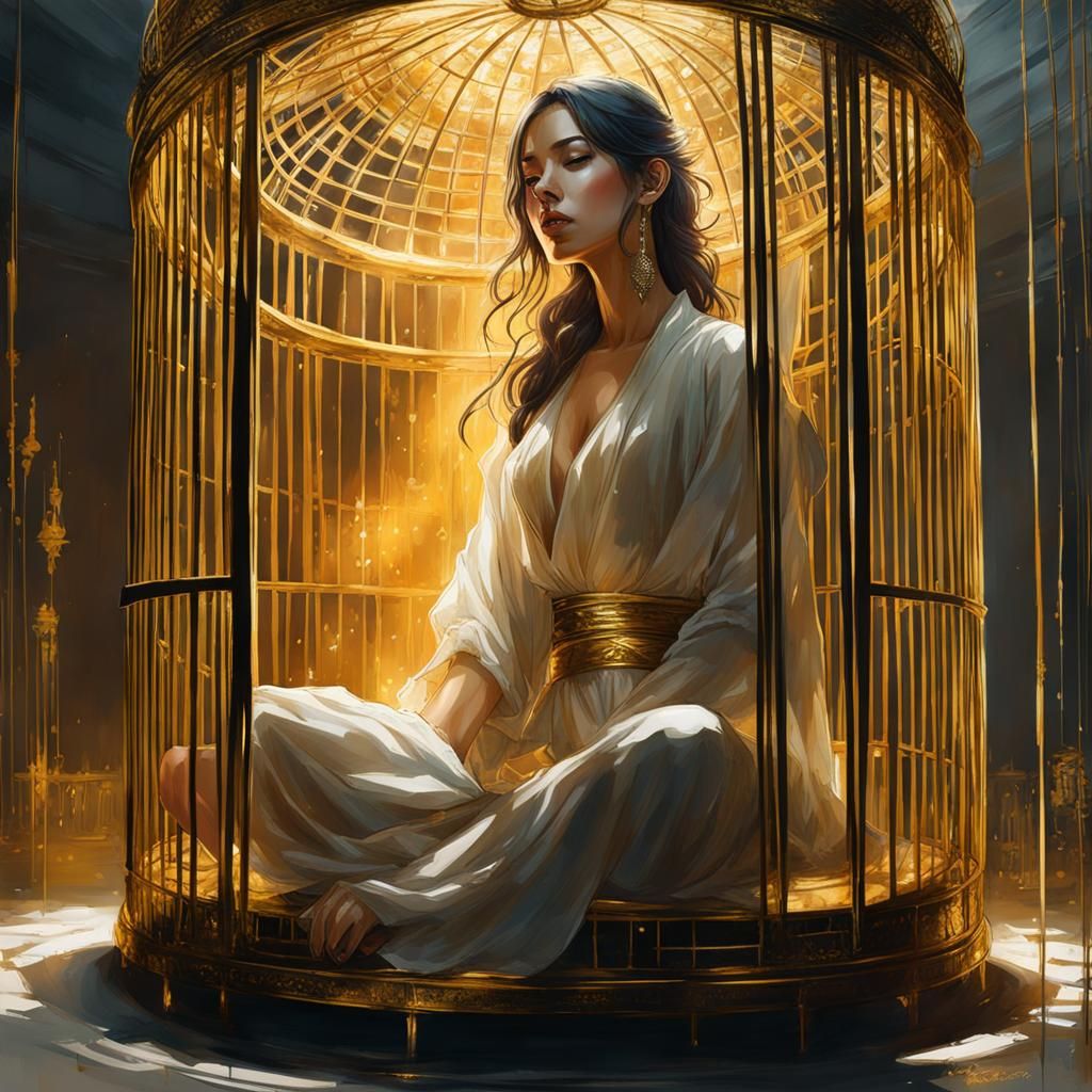 Meditating Woman Escapes Golden Cage: Digital Art