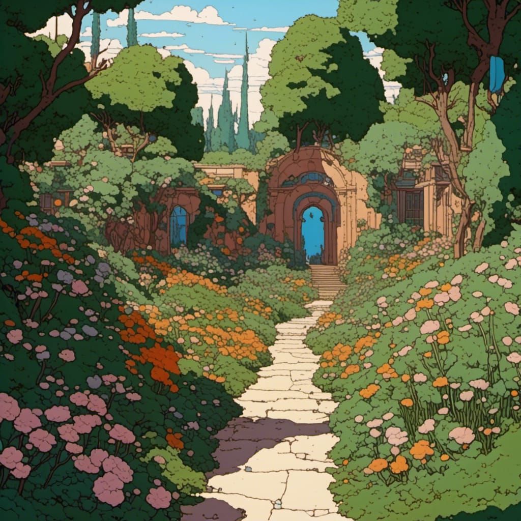 Icy Blossom Garden in Moebius Style