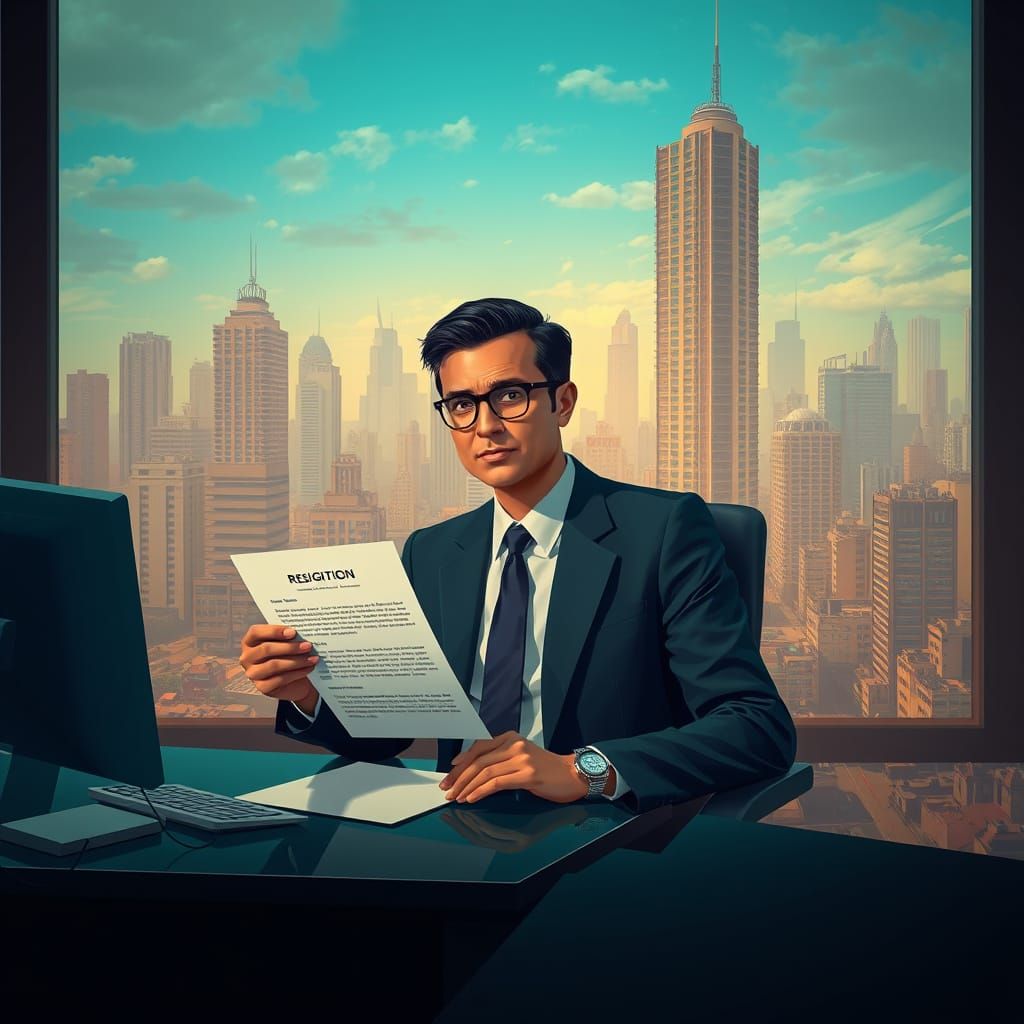 Dystopian Businessman Resigning in Futuristic Cityscape