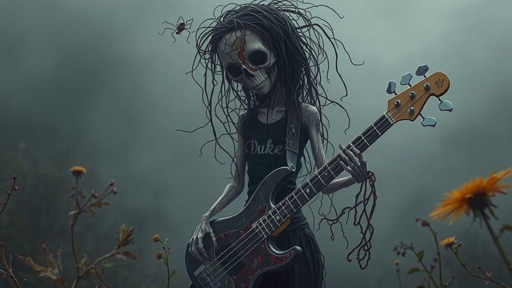 Dark Fantasy Character with Bass Guitar in Misty Landscape