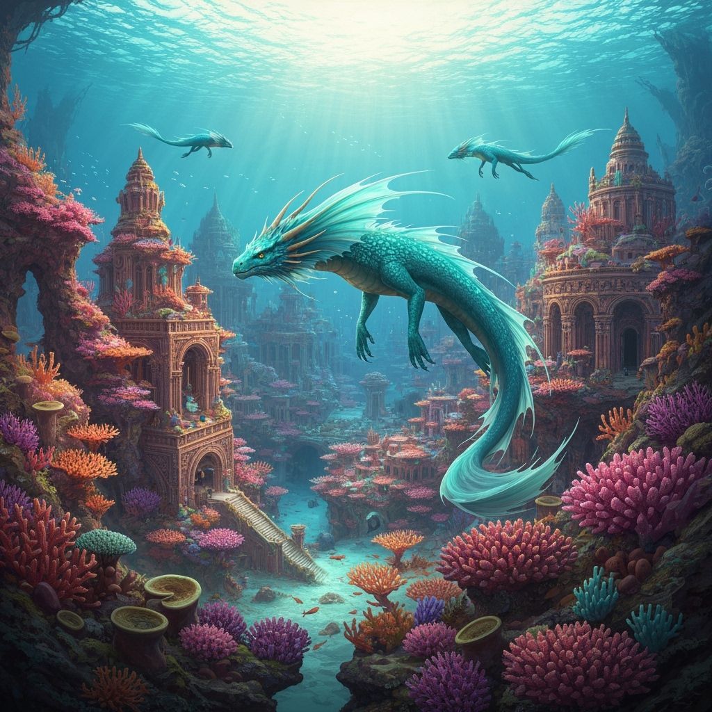 Water Dragons Swimming Around Coral City