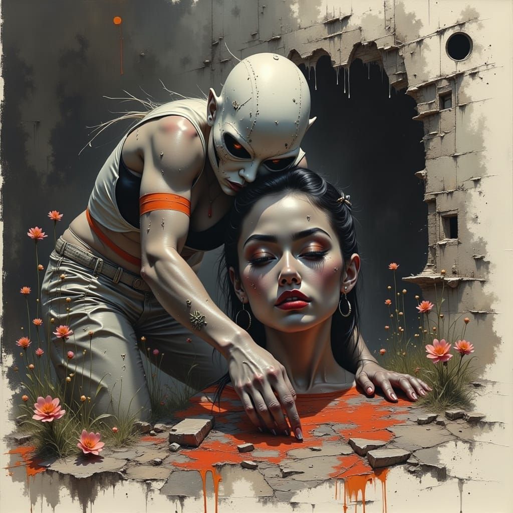 Pinup Woman Confronts Monster in Comic Style