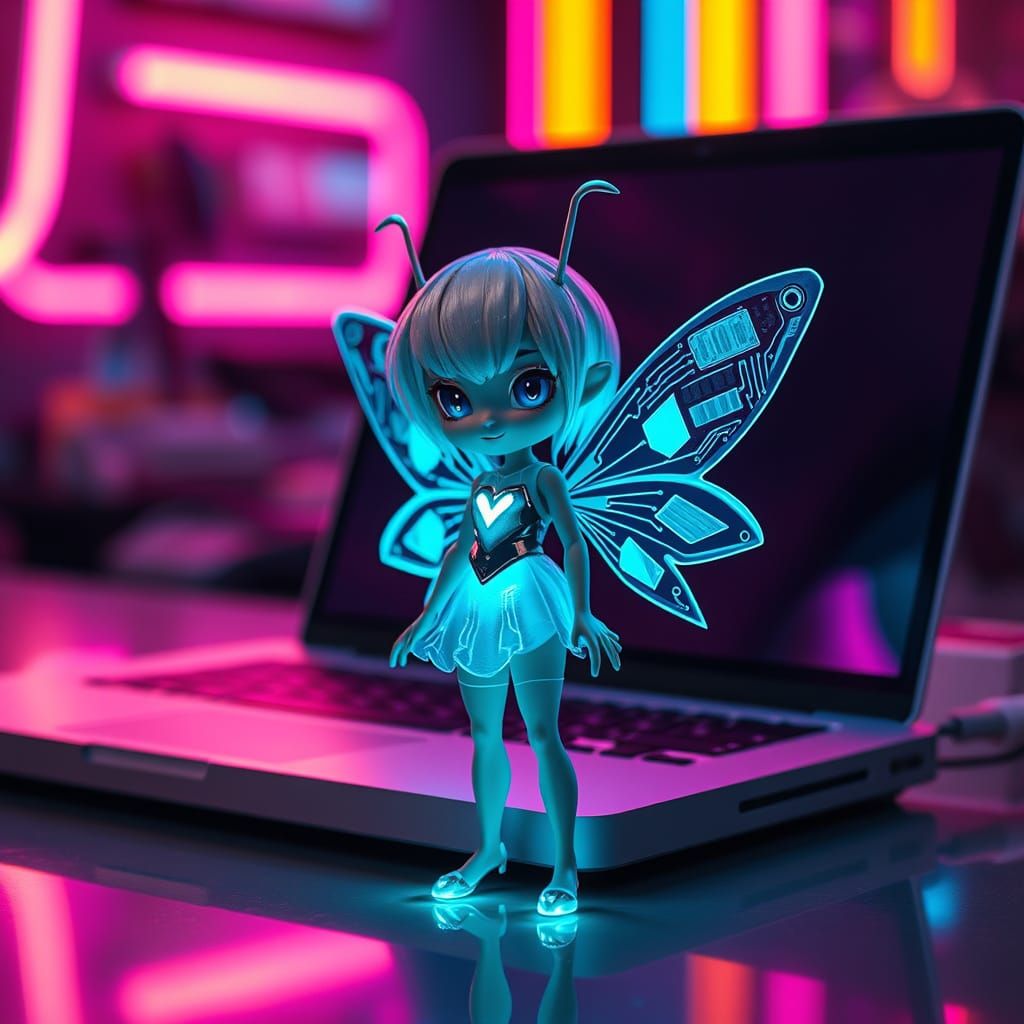 Cyberpunk Fairy 'Glitch' in Futuristic Scene