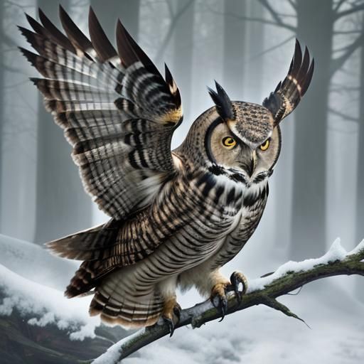 Great Horned Owl in Winter Forest: Hyperrealistic Splash Art