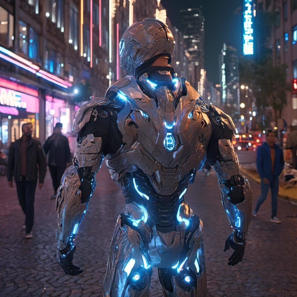 Android Cyborg in Neon Cityscape: Cyberpunk Concept Art