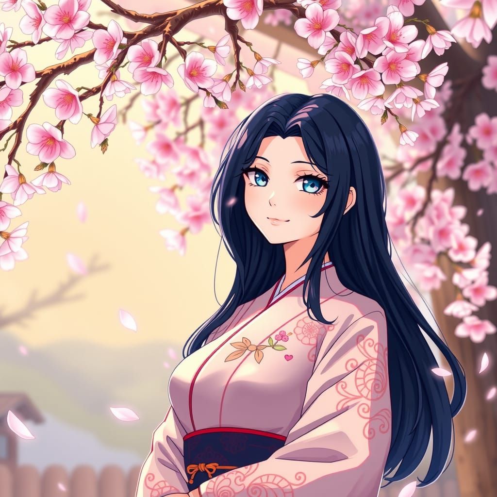 Anime Woman in Kimono Under Cherry Blossoms