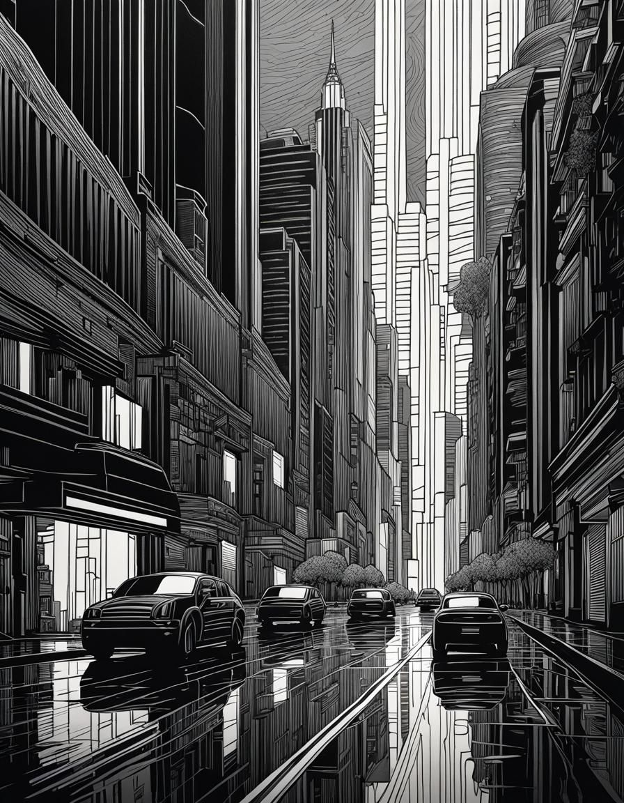 Dark Metropolis Street in Geometric Line Art