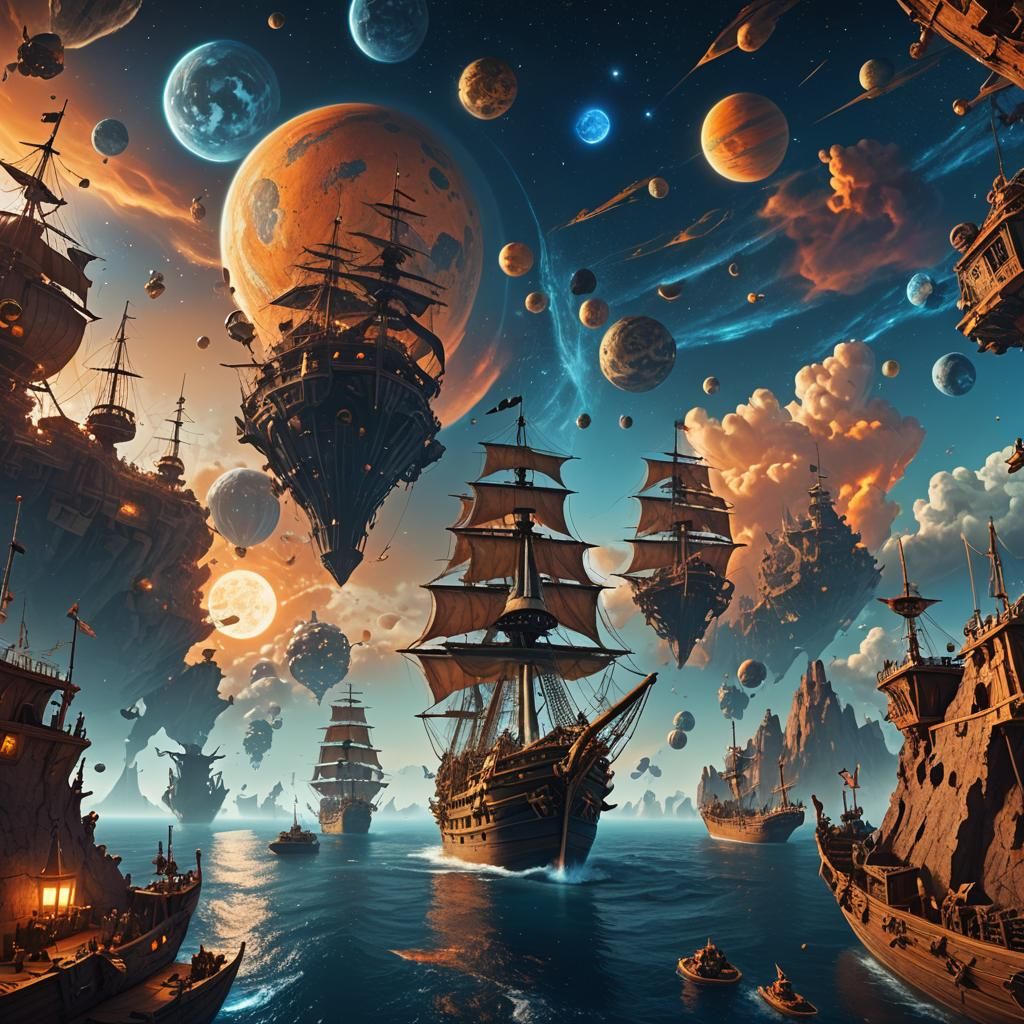 Surreal Pirate Ships Sailing into Space
