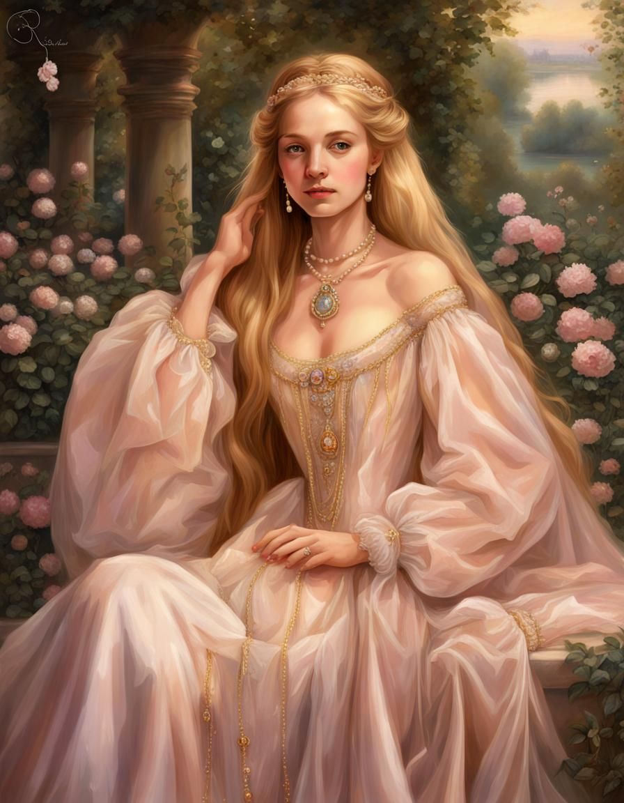 Renaissance Princess in Garden with Golden Silk Gown
