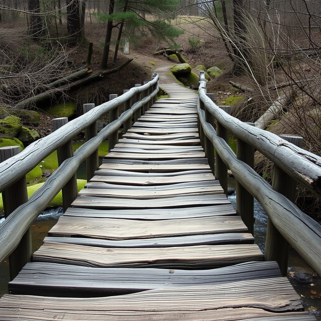 Rustic Footbridge over Calm River in Muted Tones