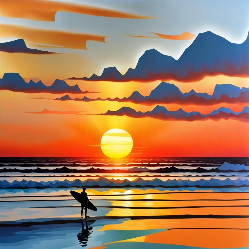 Surfer Rides Wave at Sunrise in Cubist Style