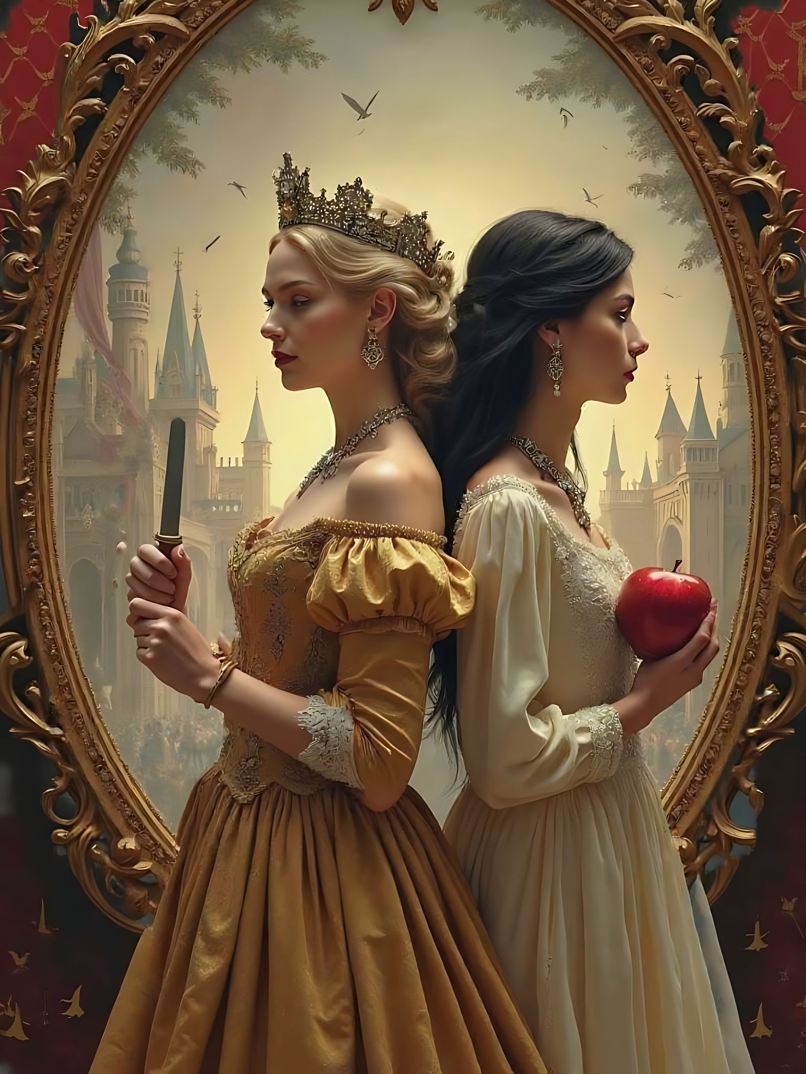 Medieval Queen and Princess in Golden Frame