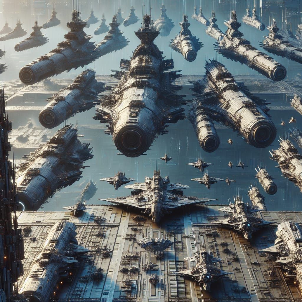 Colossal Spaceships Hovering Over Space Station