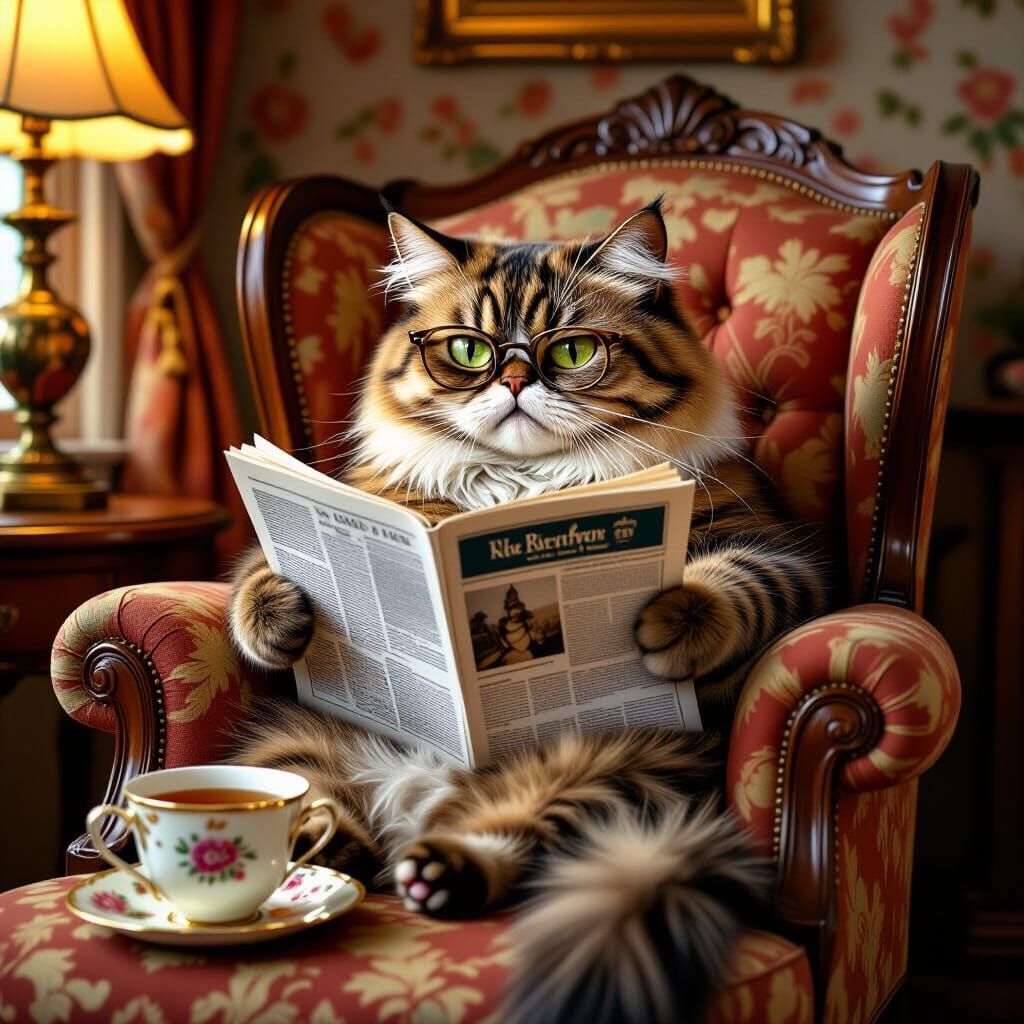 Grumpy Boomer Cat Reads Newspaper in Vintage Armchair