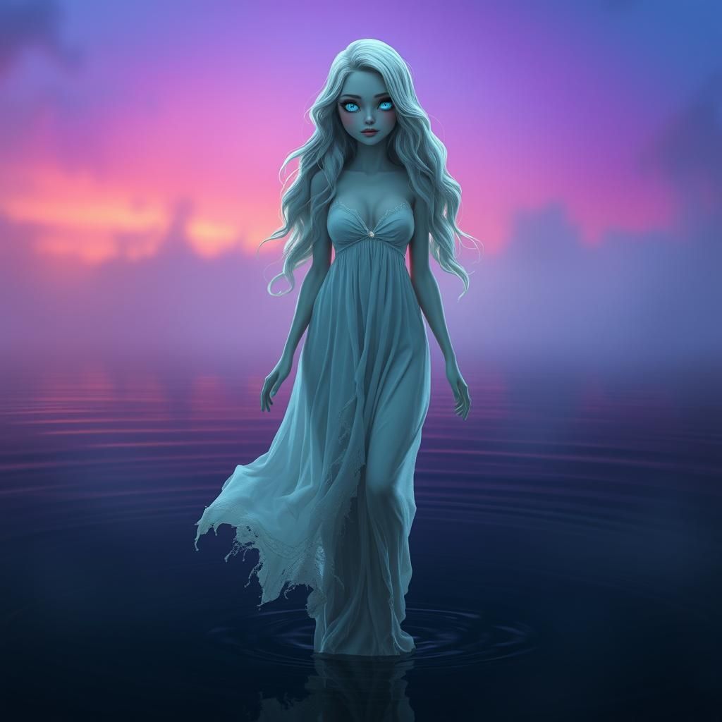 Ethereal Female Ghost Floating Over Dark Water