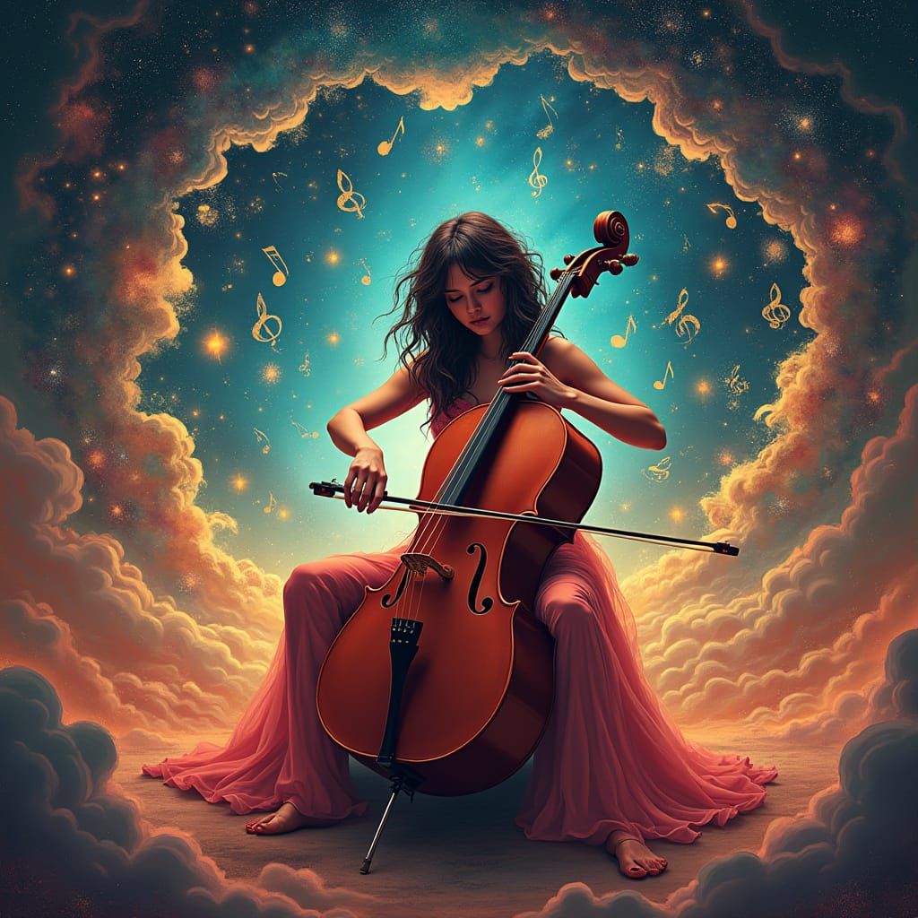 Cellist in Galaxy of Musical Notes: Surreal Futurism