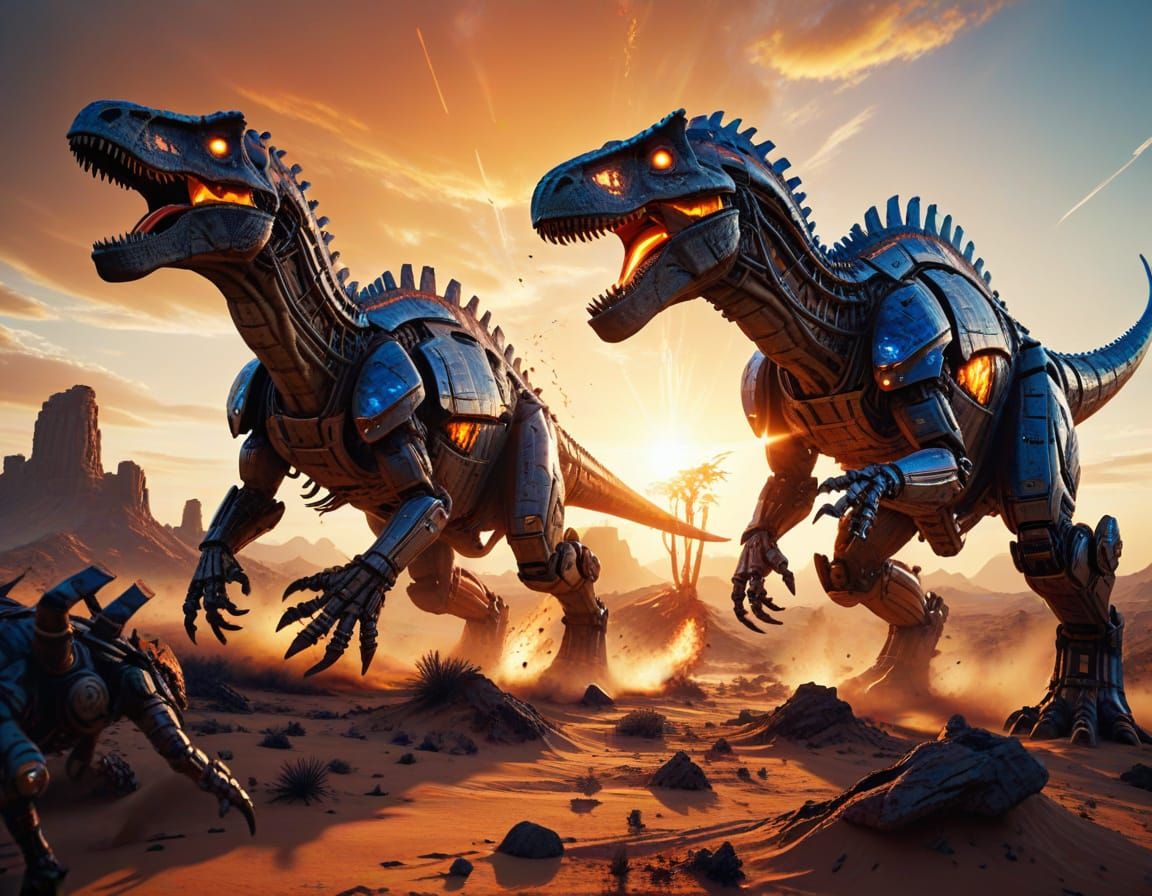 Dinosaurs vs Robo-Titans in Desert Sci-Fi Art