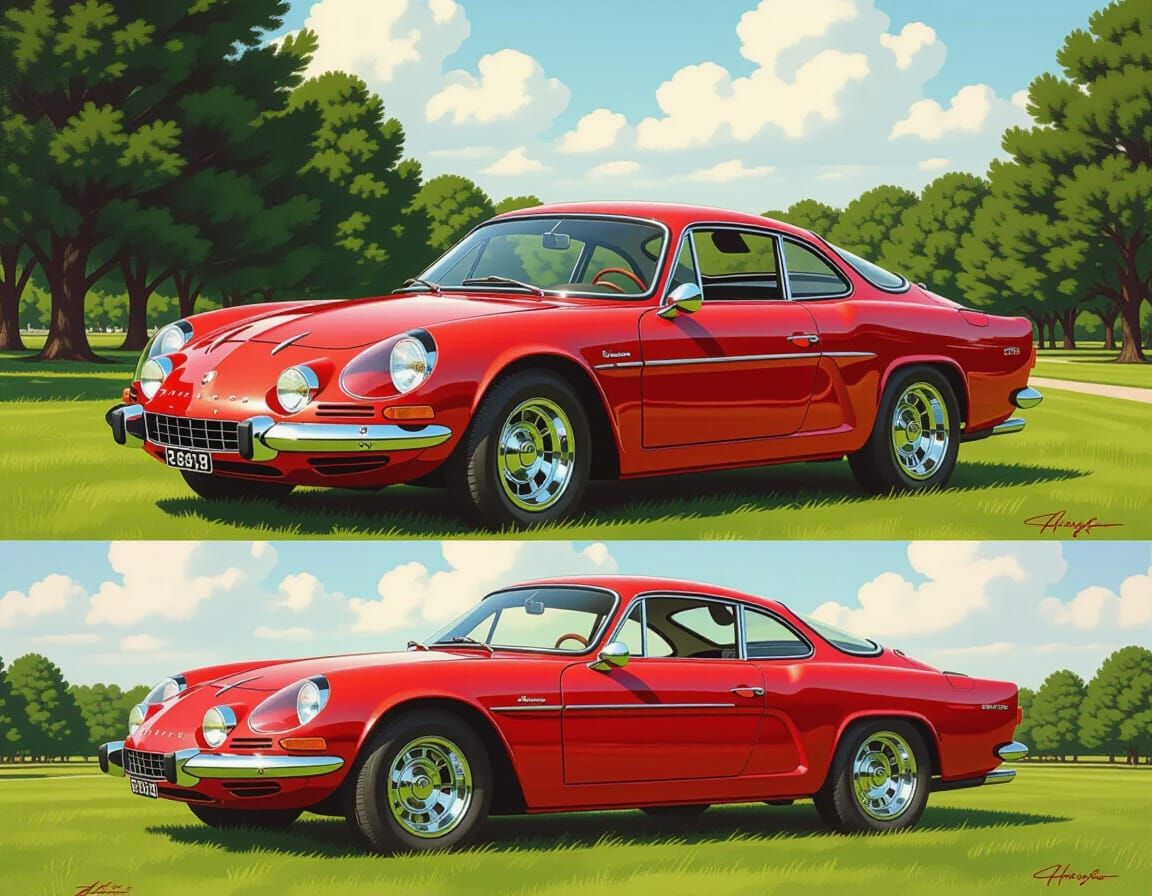 Ruby Red Alpine A110 Painting in NC Wyeth Style