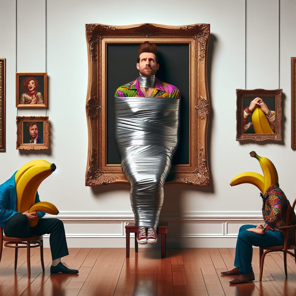 Man Wrapped in Duct Tape, Surrounded by Banana Critics in a...