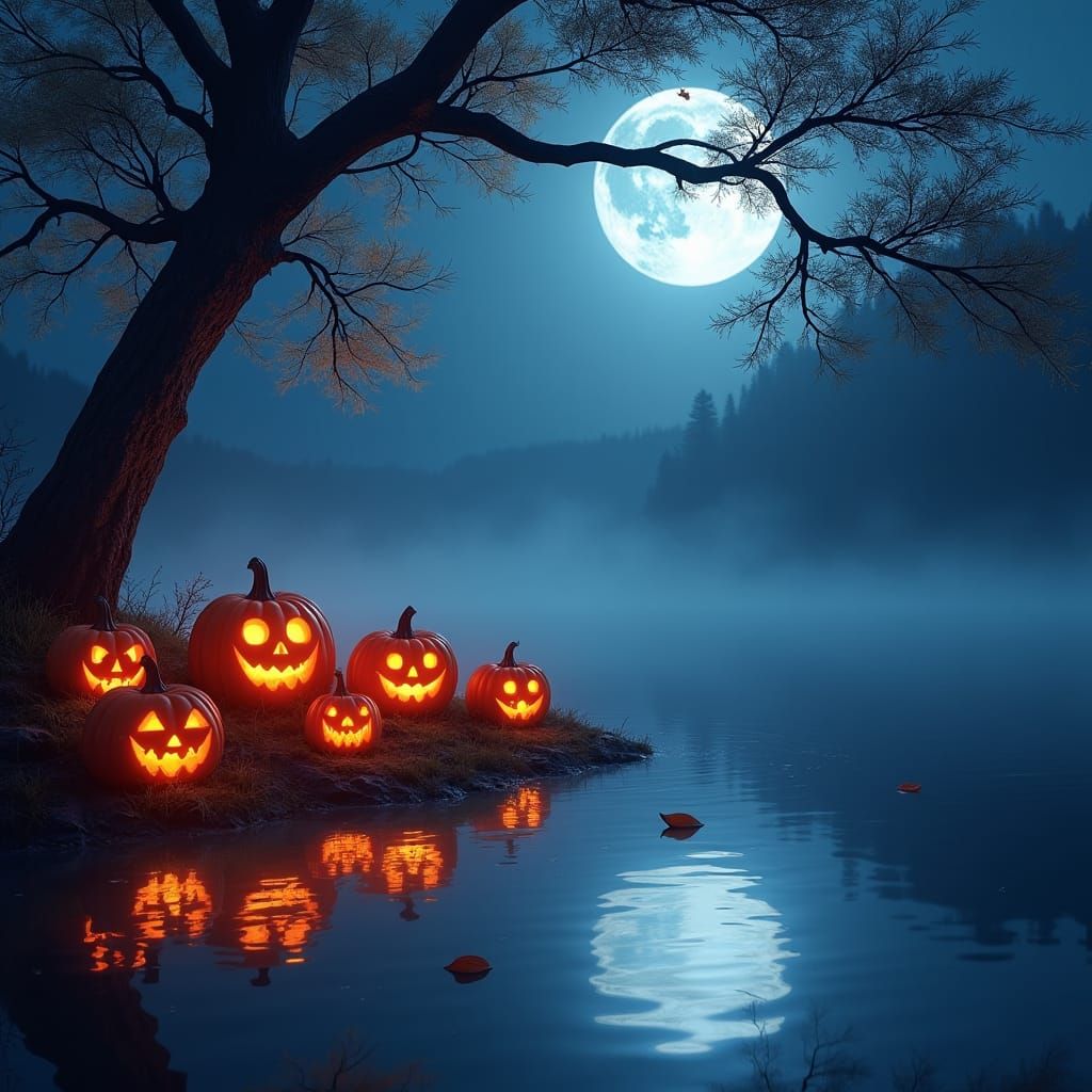 Halloween Pumpkins on Moonlit Lake, Digital Matte Painting
